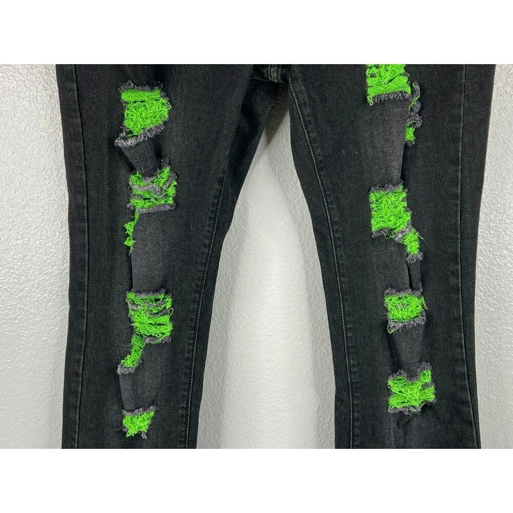 Men 36/29 Black Stretch Denim Jeans Green Distressed Urban Wear - Picture 3 of 9